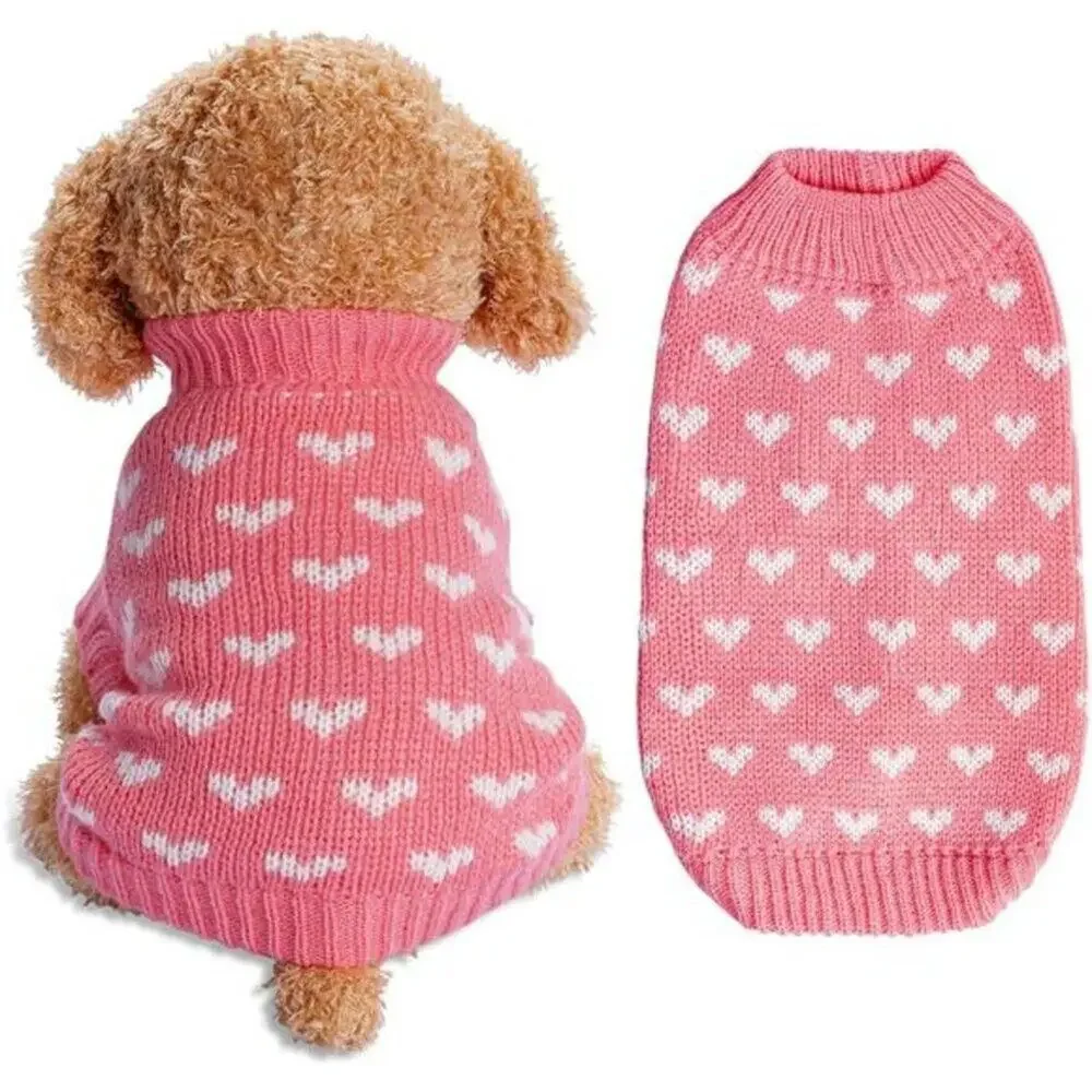 Pink Dog & Cat Sweater Knitted Heart Puppy Pullover Warm Soft Holidays Clothes - Picture 2 of 9